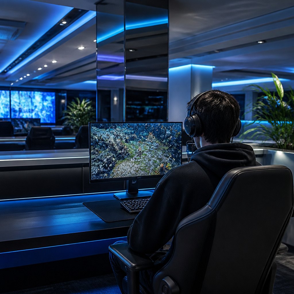 A focused player mid-session leaning into a bright monitor at a club station